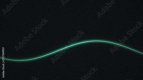 A single glowing green neon wavy line flowing across a dark black background, with a subtle, grainy texture and, cinematic light effect