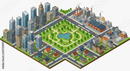 Dynamic Isometric Cityscape with Skyscrapers Residential Homes Industrial Buildings and Central Park Vibrant Urban Scene