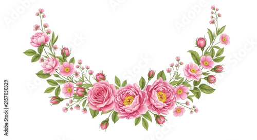 Beautiful pink flower garland arch with green leaves and roses isolated on transparent background