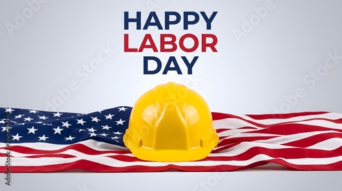 Happy Labor Day Banner with Yellow Safety Helmet and American Flag Background
