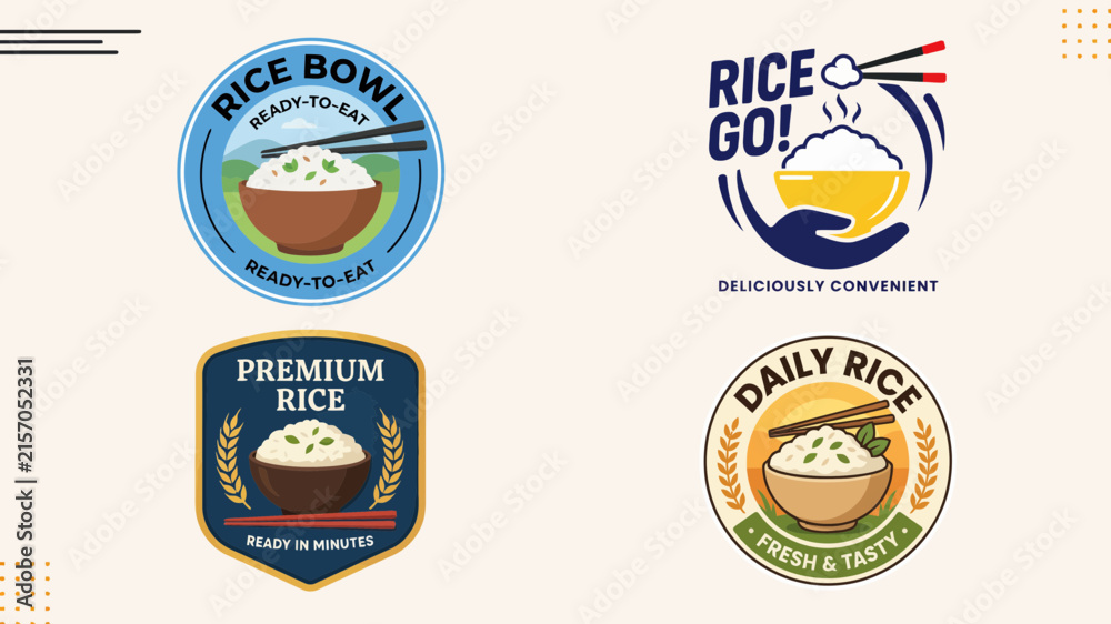 Fototapeta premium Colorful rice meal badges featuring ready to eat bowls and convenient food concepts