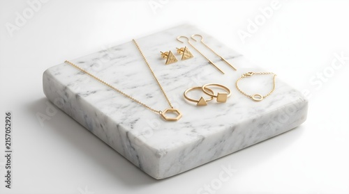Minimalist Gold Jewelry Set Displayed on White Marble Block on White Background