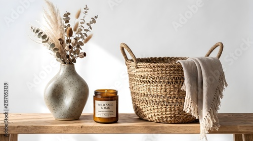 Aesthetic Home Decor Still Life with Sculptural Ceramic Vase, Dried Flowers, Soy Candle, and Woven Basket on Wooden Bench