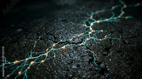 Neural network pathways glow with blue and gold light across a dark textured surface.