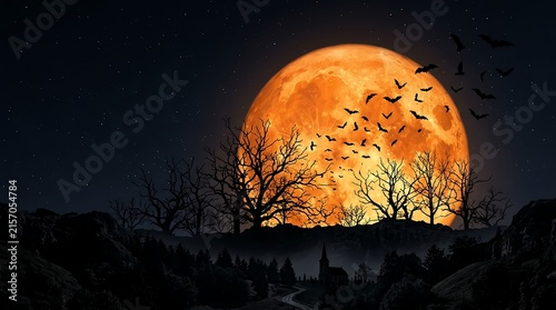 Spooky halloween landscape with full moon and flying bats