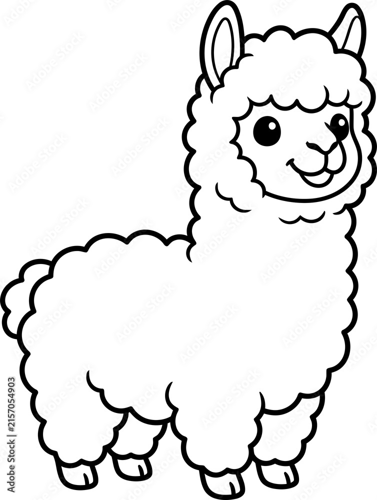 Naklejka premium Cute cartoon llama illustration black and white line art isolated on transparent background
