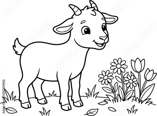 Cute baby goat standing near flowers line art illustration isolated on transparent background