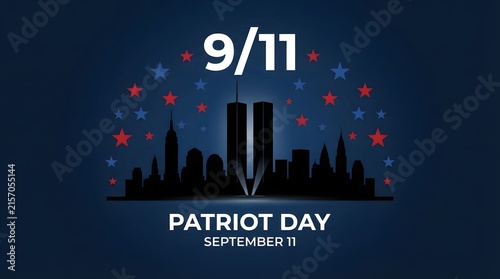 Patriot day september 11 memorial poster with new york city skyline silhouette and twin towers