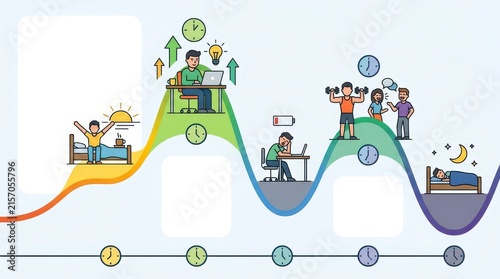 Illustration Depicting Wellness and Productivity Cycles with Activities for Balance and Growth in Daily Life