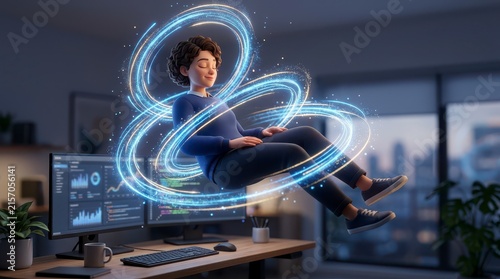 Woman Floating in a Modern Workspace with Digital Energy Graphics and Data Visualization Elements