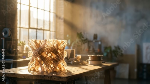 Intricately Designed Light Fixture Casting Warm Shadows in a Modern Artistic Workspace with Natural Sunlight