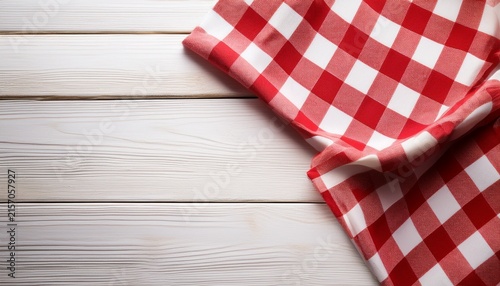 red checkered picnic tablecloth on white wood table