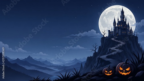 Haunted castle under full moon with glowing jack-o-lanterns at night for Halloween theme