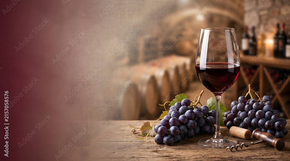 Fototapeta premium National Red Wine Day Wine Glass and Grapes Banner with Copy Space