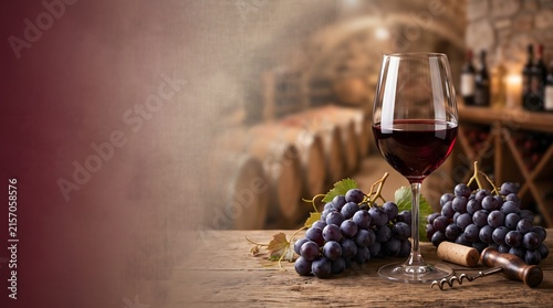 National Red Wine Day Wine Glass and Grapes Banner with Copy Space