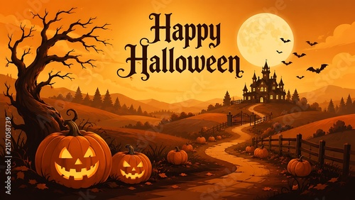 Halloween pumpkin jack-o-lanterns glowing at dusk with haunted castle and full moon backdrop