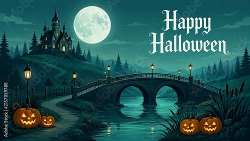 Spooky Halloween night scene with haunted castle, full moon, and jack-o-lanterns by a bridge over water