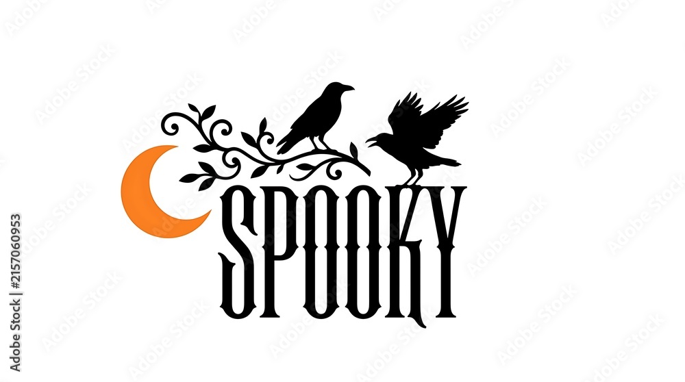 Naklejka premium Vintage halloween design featuring black crows perched on a branch with a crescent moon and spooky text