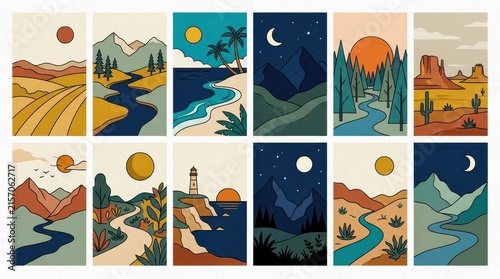 Set of Minimalist Nature Landscape Illustrations Featuring Mountains, Deserts, Forests, and Coastal Scenes in Flat Vector Style