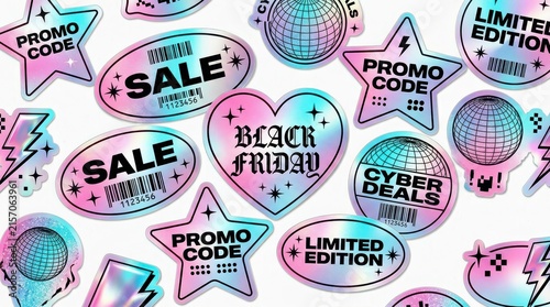 Holographic Y2K Style Sale Stickers Set with Black Friday, Cyber Deals, and Promo Code Labels on White Background