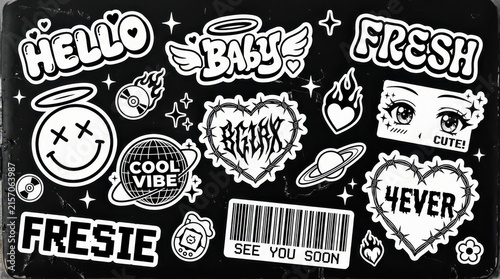 Y2K Aesthetic Sticker Pack with Graffiti Style Icons and Text Elements in Black and White Grunge Design