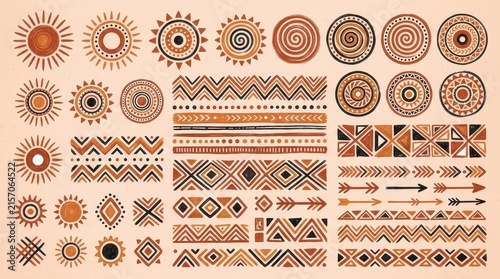 Hand Drawn Ethnic Tribal Pattern Elements Set with Sun Symbols and Geometric Borders in Earthy Tones