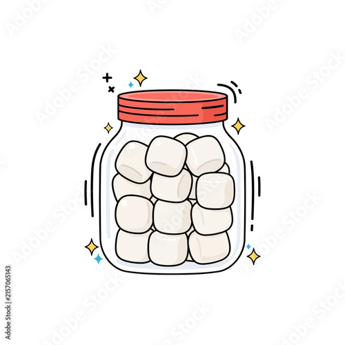 Glass jar filled with white marshmallows for hot cocoa and winter holiday treats isolated cartoon for seasonal kitchen decor