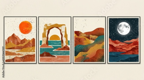 Set of Four Minimalist Abstract Landscape Wall Art Prints Featuring Sun, Moon, Mountains, and Ocean in Boho Style