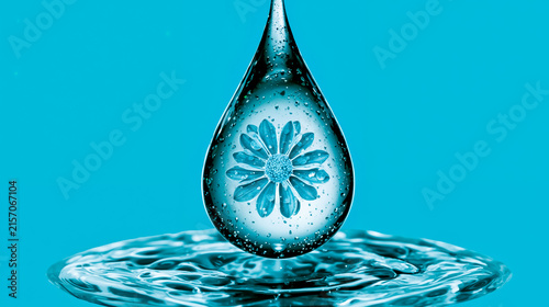 A clear glass teardrop with a flower etched on it sitting on a blue surface