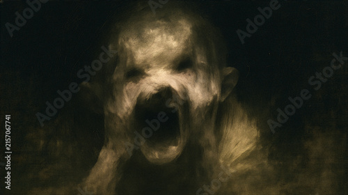 Dark Romanticism oil painting of a haunting grotesque figure in pitch-black shadows