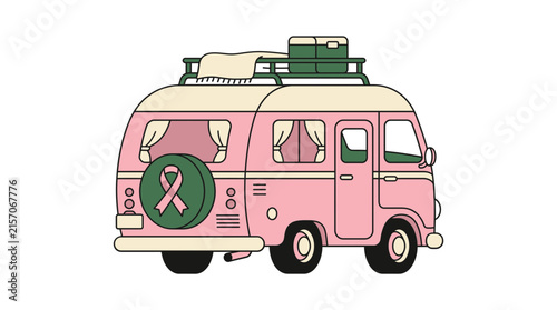 Pink camper van with breast cancer awareness ribbon. Retro travel vehicle illustration.
