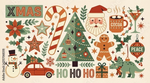 Retro Christmas Illustration Collection with Santa, Snowman, and Festive Icons in Mid-Century Modern Style