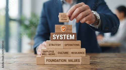 Business system hierarchy blocks with strategy and values concept