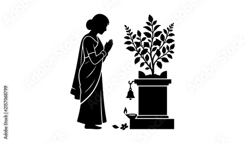 Indian Woman Praying to Sacred Tulasi Tree Cultural Silhouette Vector Art