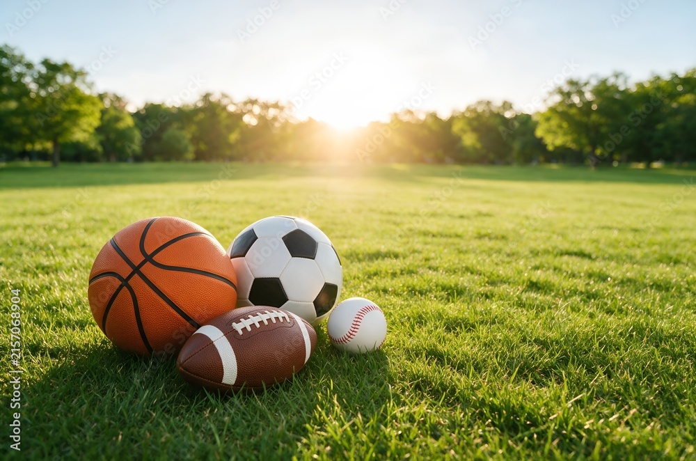 Naklejka premium Various Sports Balls Resting on a Green Grass Field During a Sunny Summer Afternoon