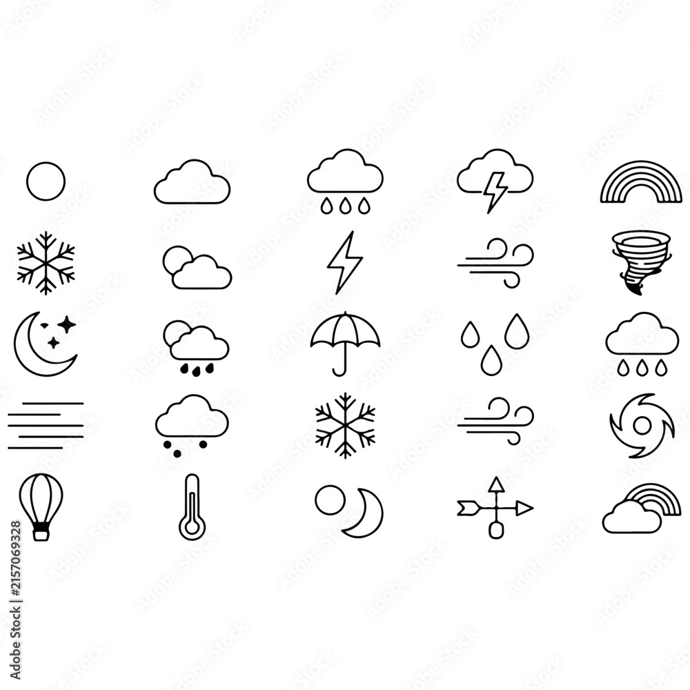 Fototapeta premium Minimalist Weather Icon Set with Sun Clouds Rain Snow and Temperature Symbols