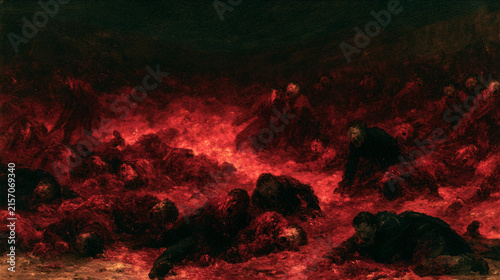 Dark Romanticism oil painting of a horrific war scene with expressive dark brushwork