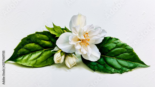 A white flower with yellow stamens and green leaves against a white background