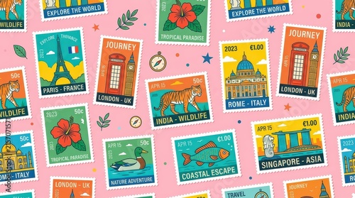Colorful Travel Postage Stamps Pattern Featuring World Landmarks and Wildlife Illustrations on Pink Background