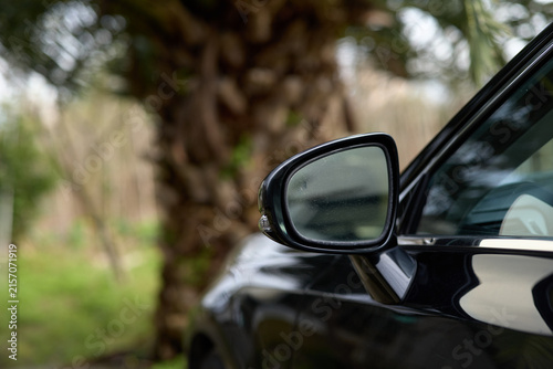 Quadro su tela Close up of a black car side mirror outdoors, with a soft green background, capt