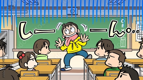 Fotografie Funny boy making a face in quiet classroom
