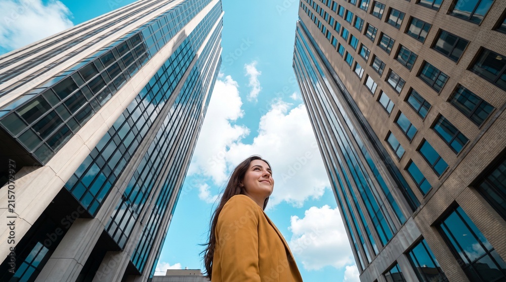 Fototapeta premium Low angle portrait of confidence young woman standing against highrise city buildings in city
