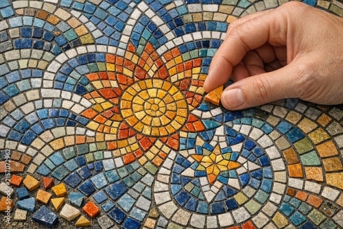 A person holds a small piece of wood in front of a colorful mosaic, providing a sense of curiosity and inquiry