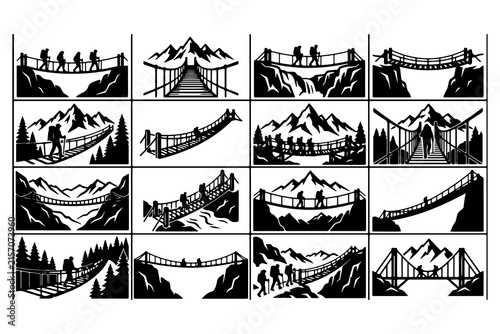 Illustrations of adventurous hikers crossing suspension bridges in mountainous landscapes, showcasing exploration and challenge