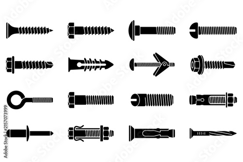 Silhouette set of industrial screws, bolts, and hardware fasteners for construction and DIY assembly projects