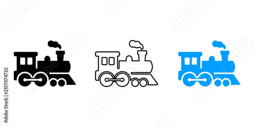 Set of minimalist steam locomotive train icons in solid outline and blue color variations