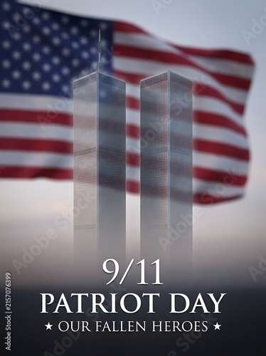 Iconic twin towers stand tall against blurred American flag backdrop for 9/11 Patriot Day honoring our fallen heroes on solemn remembrance.