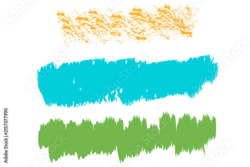 Set of three colorful textured chalk or crayon strokes in orange, blue, and green handdrawn artistic elements with rough edges