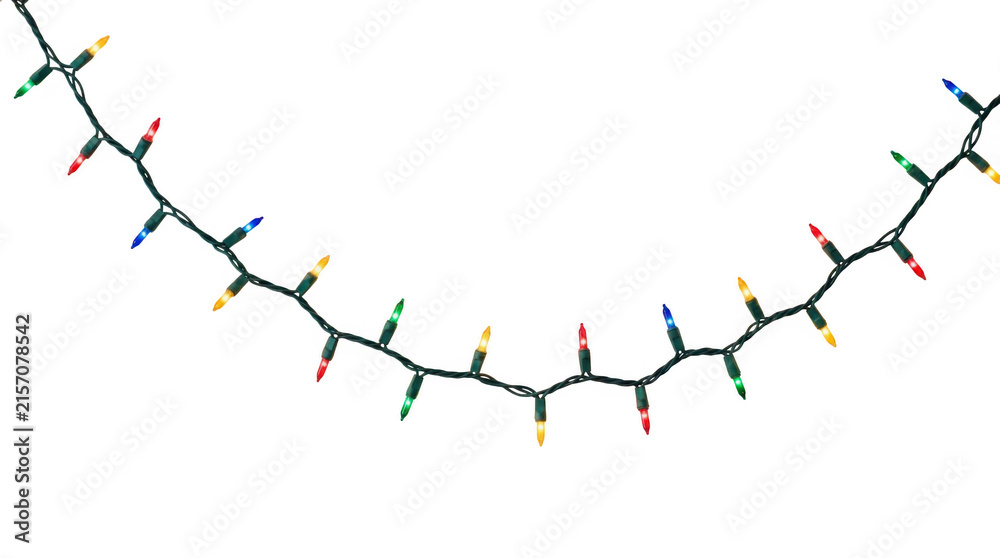 Fototapeta premium A string of colorful christmas fairy lights glowing against a plain backdrop isolated on transparent background