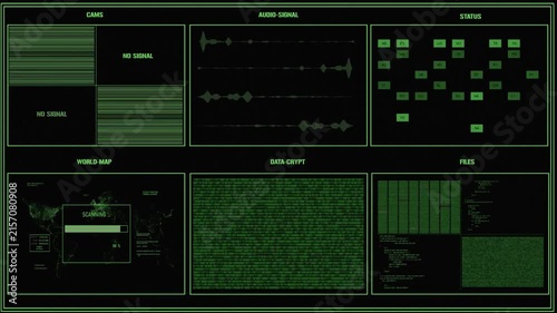 Futuristic green cyber security screen interface with matrix code surveillance cams and malware virus upload status